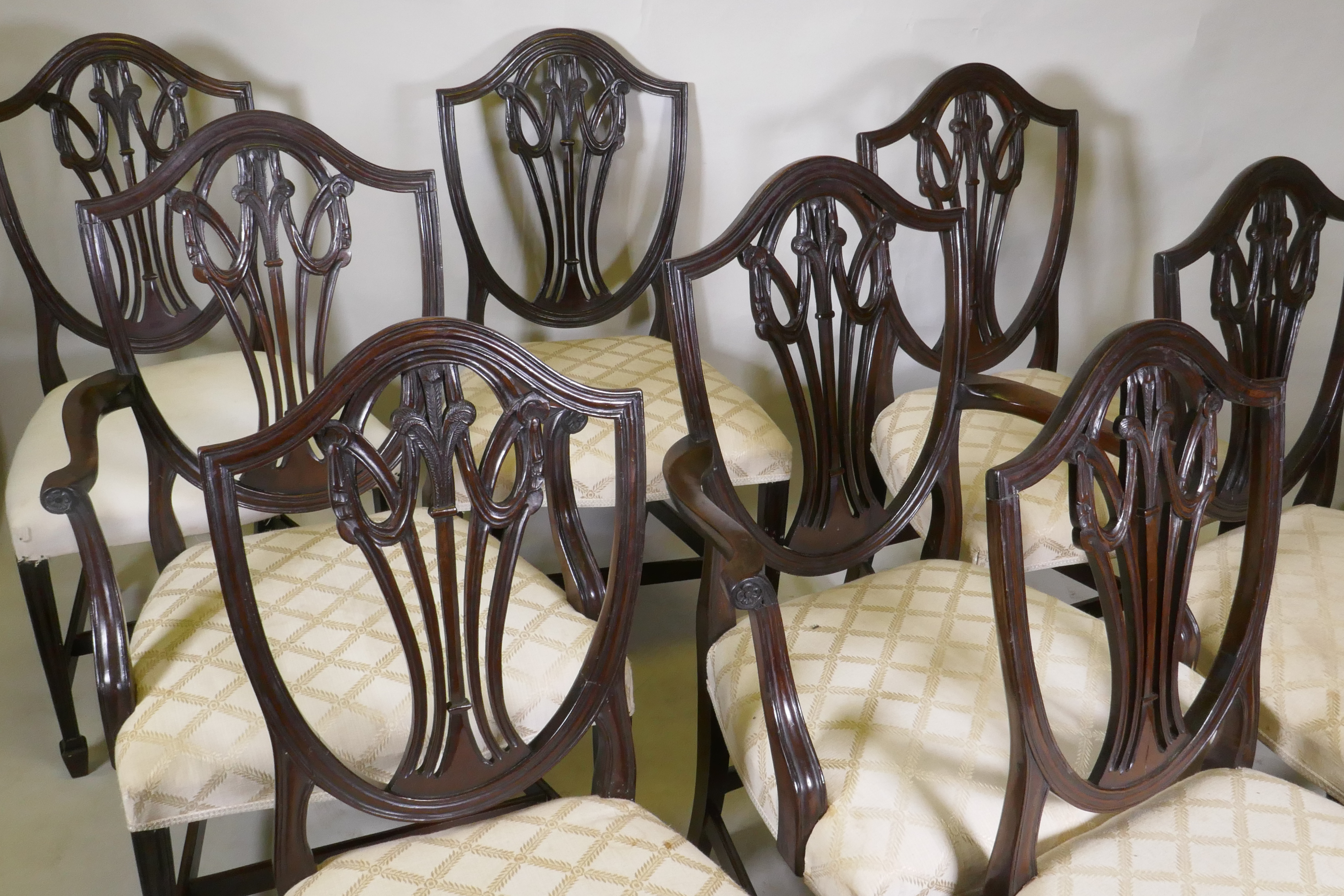 A set of eight (six plus two) Hepplewhite style shield back chairs, with over stuffed serpentine - Image 4 of 4