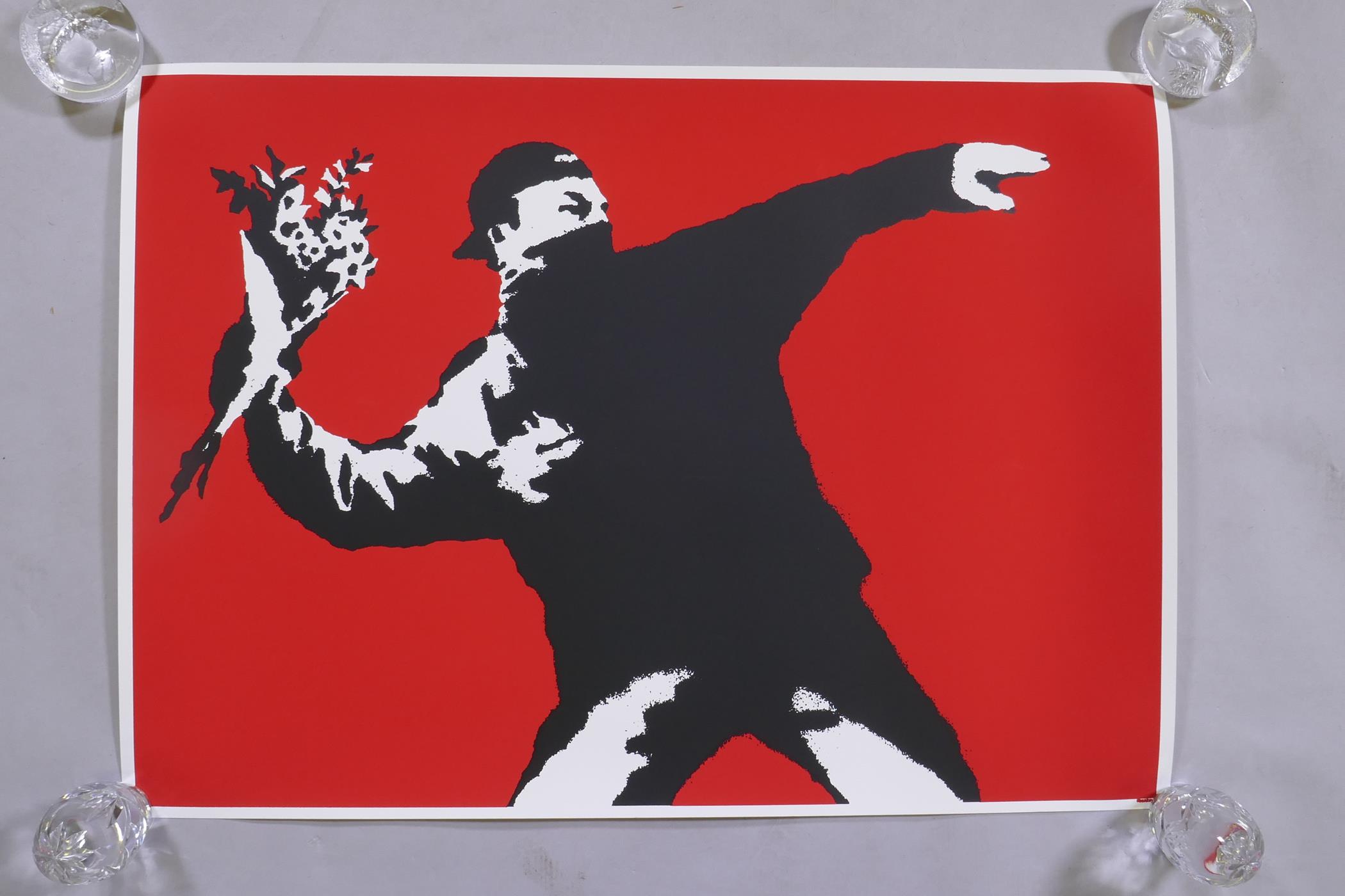 After Banksy, Love is in the Air (Flower Thrower), limited edition copy screen print No. 420/500, by - Image 2 of 4
