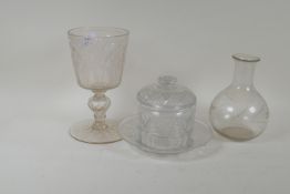 A Victorian cut glass jar and cover with dish, a carafe and etched goblet, 22cm high