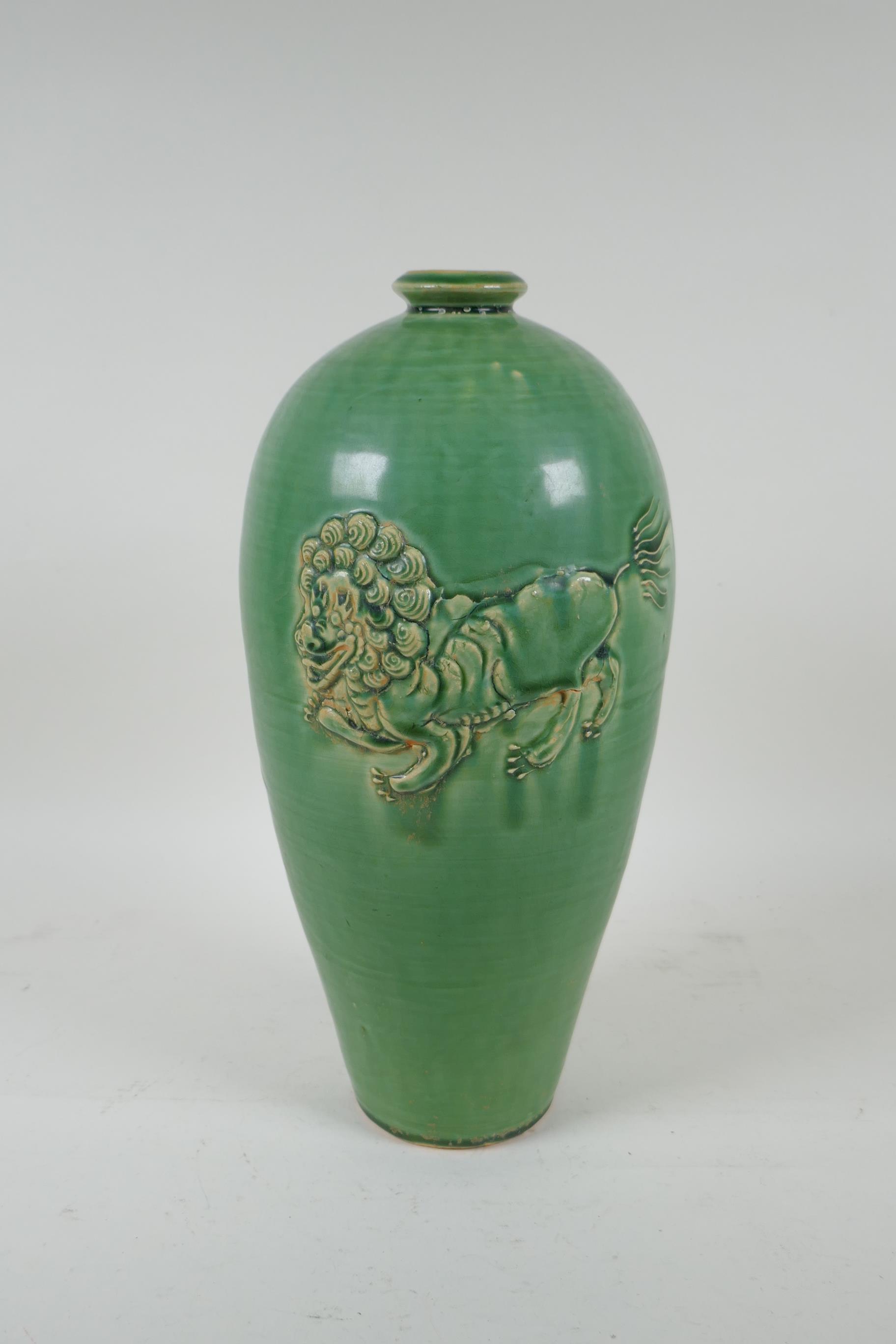A Chinese celadon glazed porcelain vase with raised kylin decoration, 31cm high - Image 2 of 4