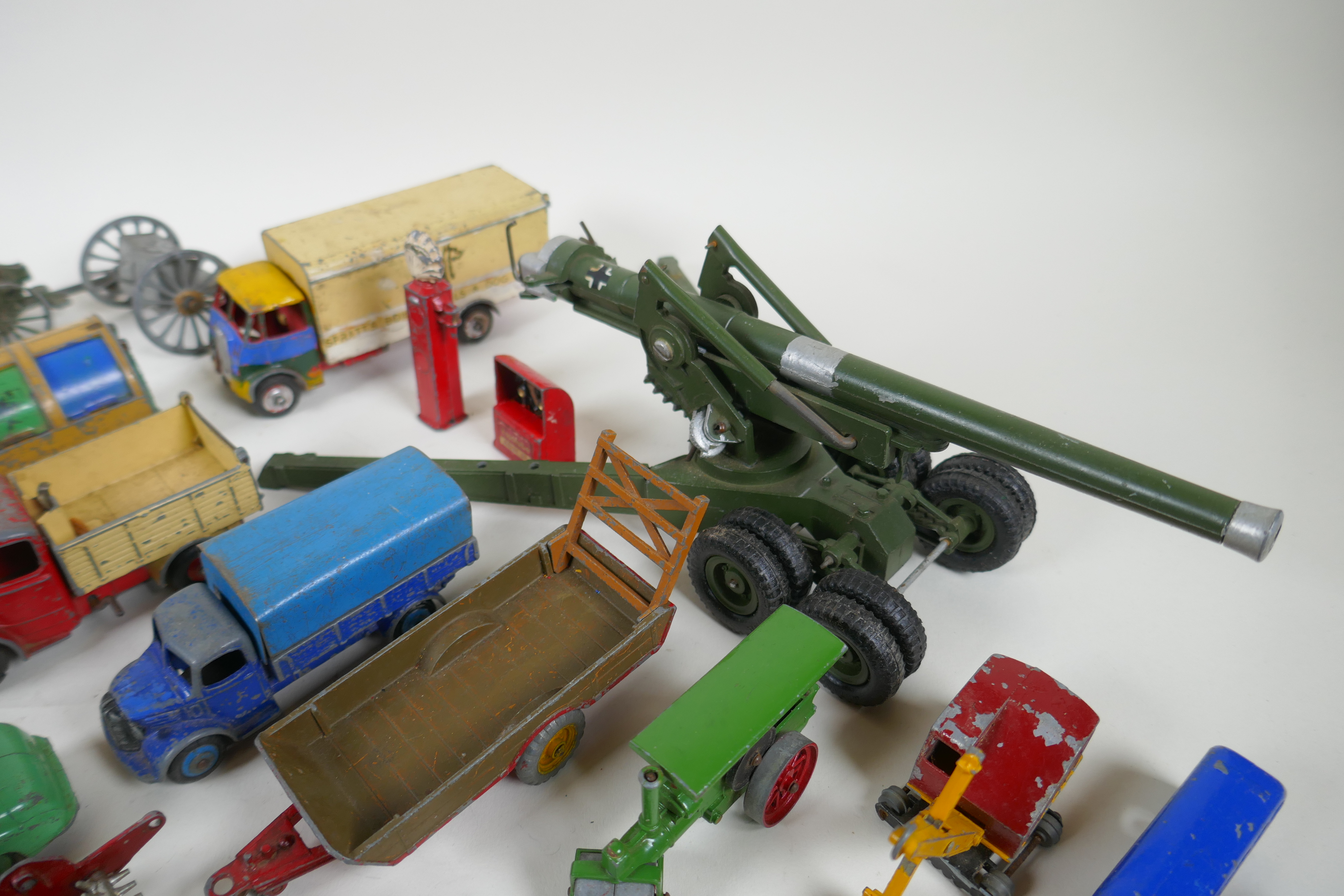 A collection of vintage die cast metal cars, trucks, military vehicles and farming vehicles, - Image 6 of 9