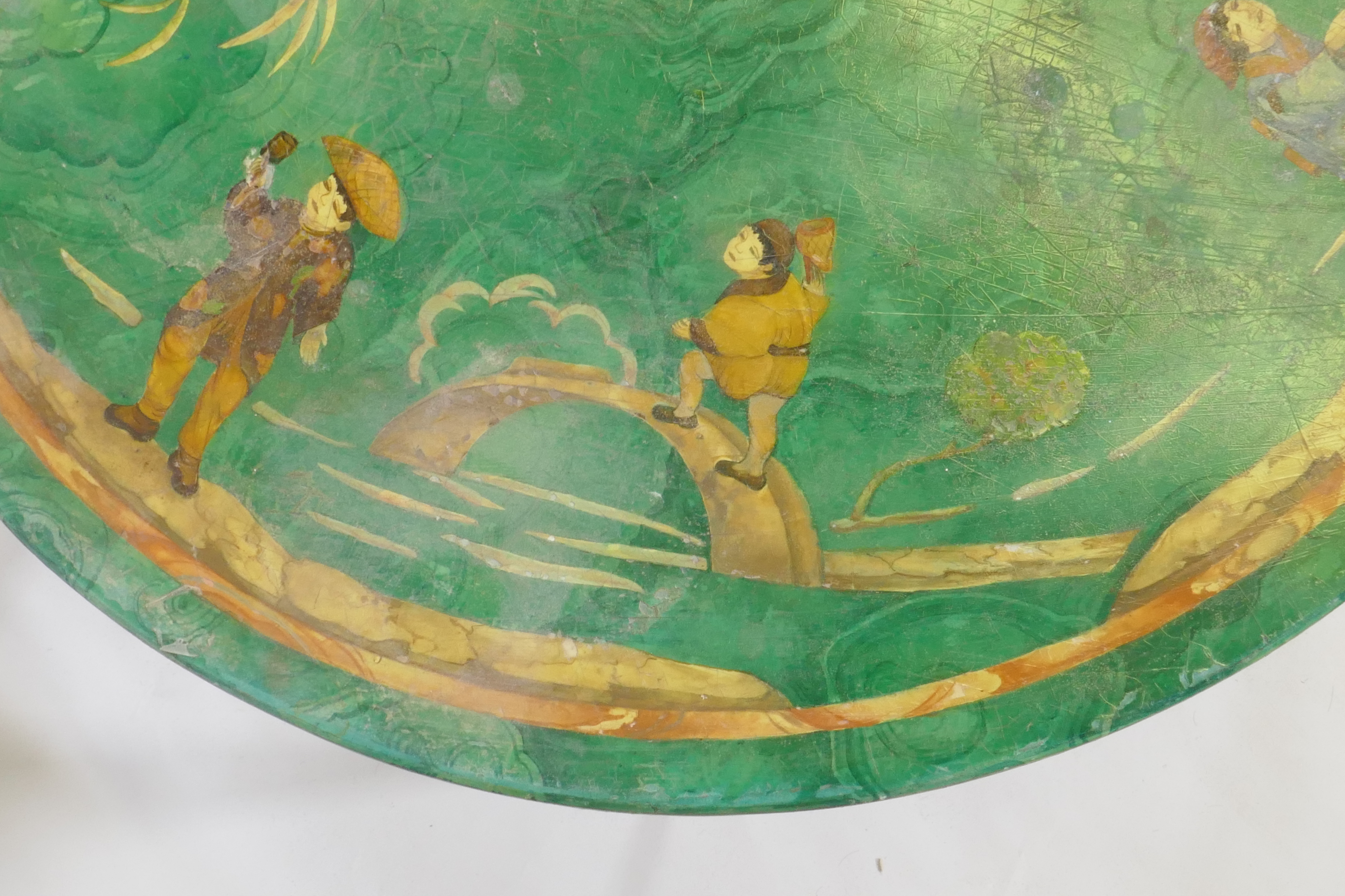 A marble top occasional table, raised on a brass base, the top with faux malachite and chinoiserie - Image 4 of 5