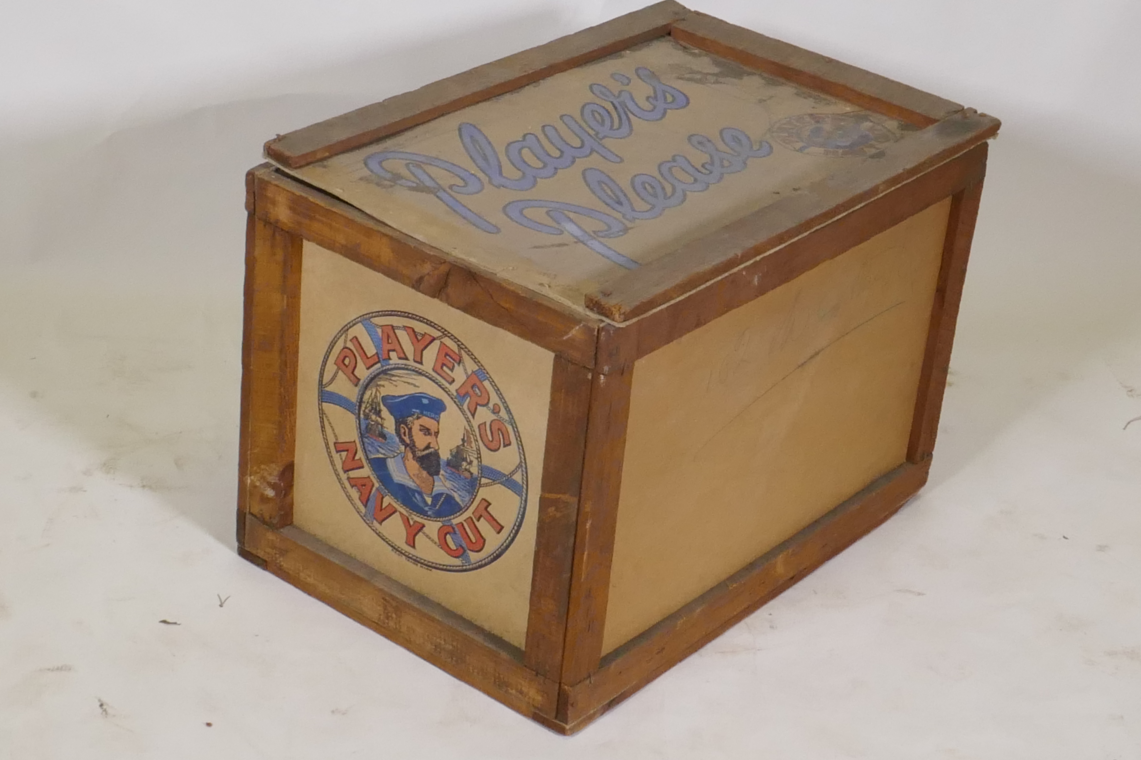 A vintage Player's Cigarettes packing case of cardboard and wood, 58 x 40 x 40cm