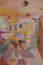 A middle eastern city courtyard, monogrammed CN, watercolour, 17 x 25cm