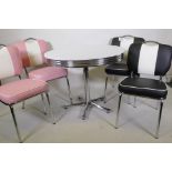 An American vintage style table and four chairs with chrome frames and vinyl covers, table 90cm