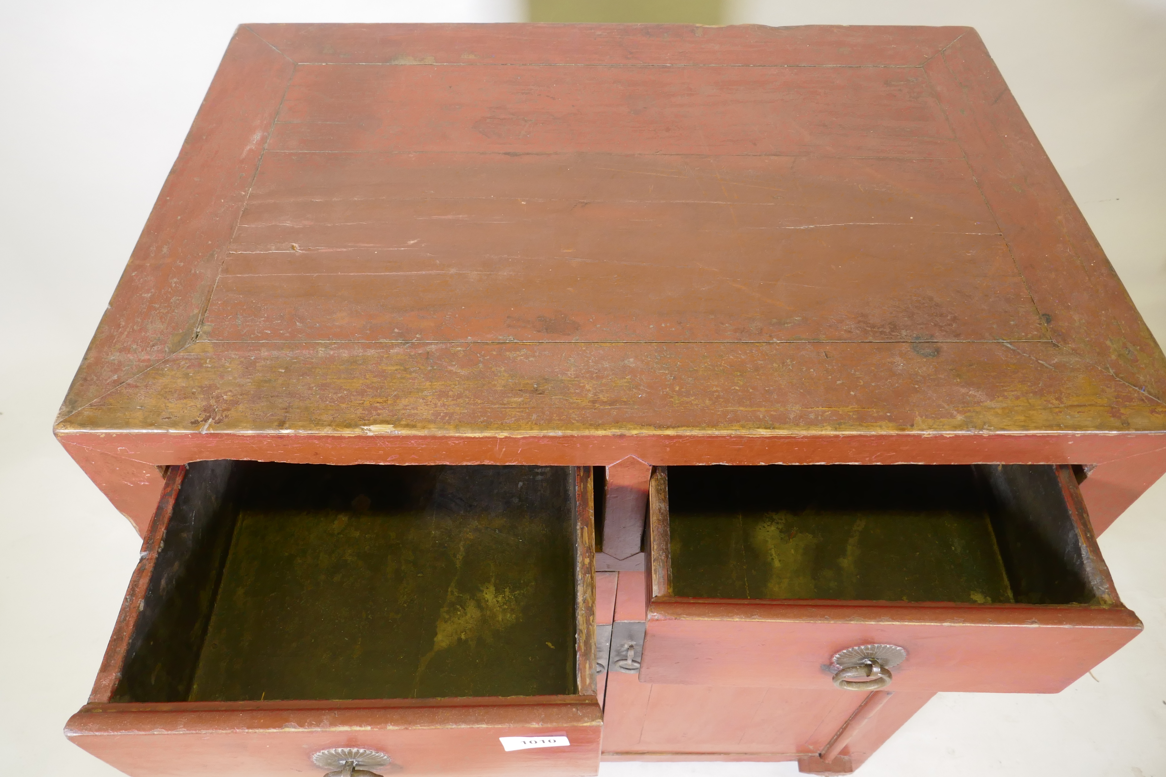 A Chinese red lacquered wood cabinet with two drawers over two doors, 74 x 50cm, 87cm high - Image 4 of 5