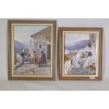 Manuel Cuberos, Spanish landscape, 26 x 35cm, and another of seated women on a terrace, both signed,