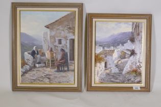 Manuel Cuberos, Spanish landscape, 26 x 35cm, and another of seated women on a terrace, both signed,