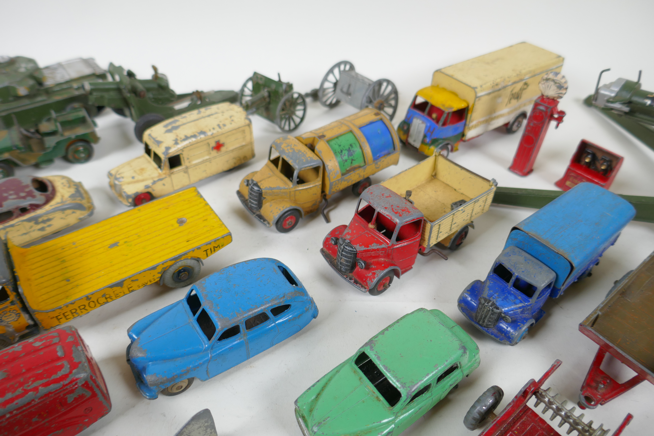 A collection of vintage die cast metal cars, trucks, military vehicles and farming vehicles, - Image 5 of 9