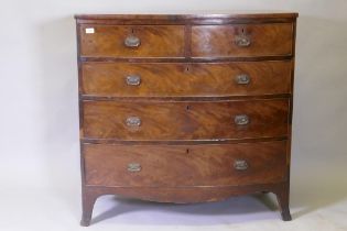 A Georgian mahogany bowfront chest of two over three drawers with cock beaded detail and brass plate