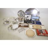 A quantity of silver plated ware, cased forks, spoons, cheeseboard, trays etc