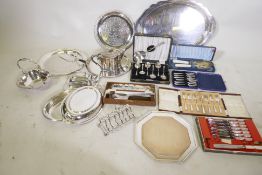 A quantity of silver plated ware, cased forks, spoons, cheeseboard, trays etc