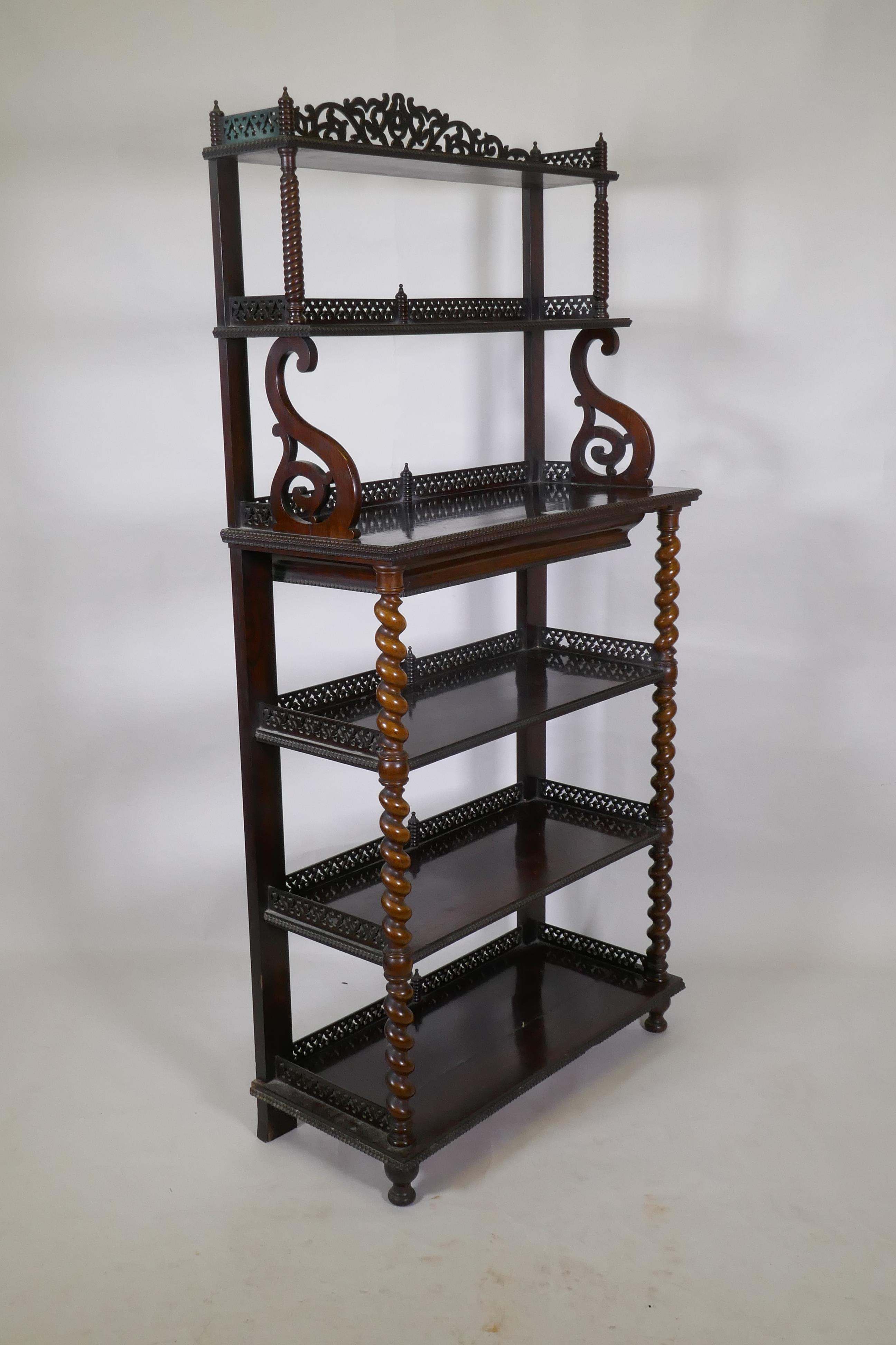 William IV? rosewood six tier etagere, with pierced and carved galleries, the shelves united by - Image 4 of 8