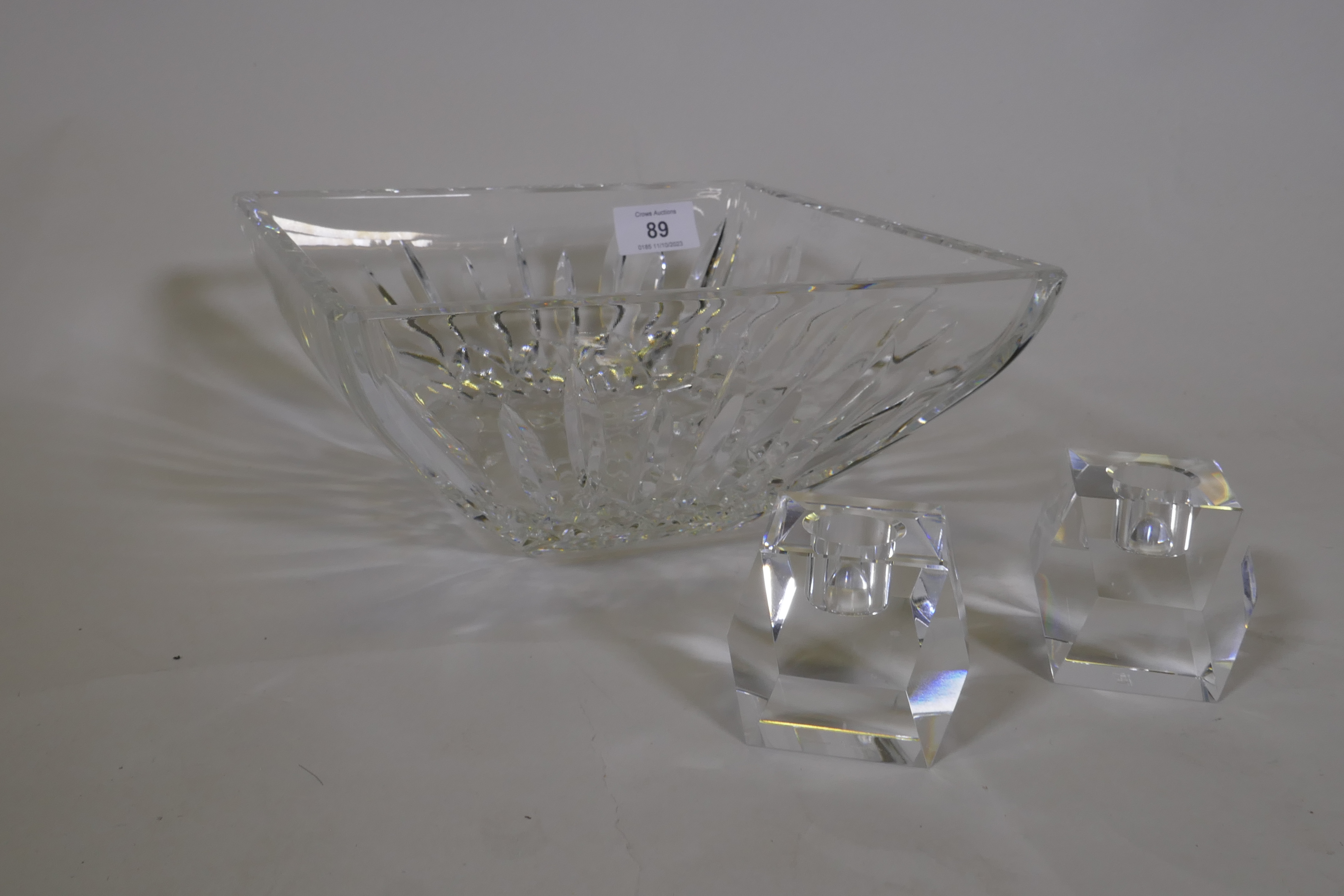 A Waterford crystal cut glass bowl, 23 x 23cm and a pair of Rosenthal glass candle holders - Image 4 of 4