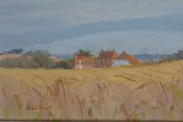 A cornfield with distant house, indistinctly signed, dedication verso, oil on board, 20 x 13cm
