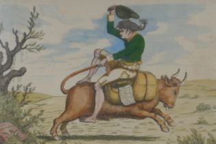 James Gillray, (1756-1815), Paddy on horse back, C19th hand coloured etching, first published 1779