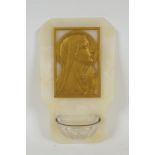 A vintage onyx stoup mounted with a gilt brass portrait of the Madonna in prayer, inscribed Tschudin