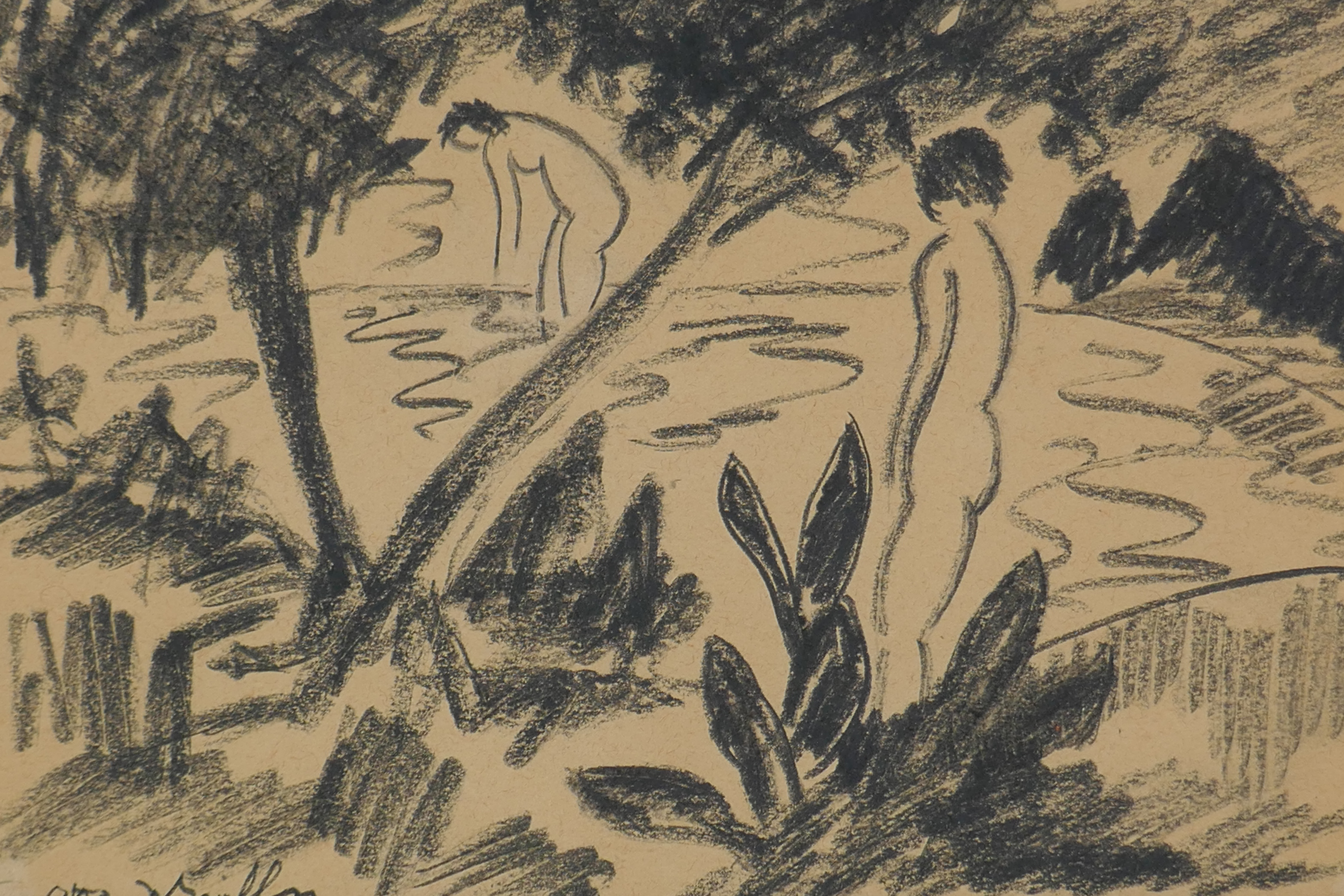 In the manner of Otto Mueller, female bathers, indistinctly signed, charcoal