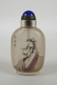 A Chinese reverse decorated glass snuff bottle decorated with a bearded gentleman, character