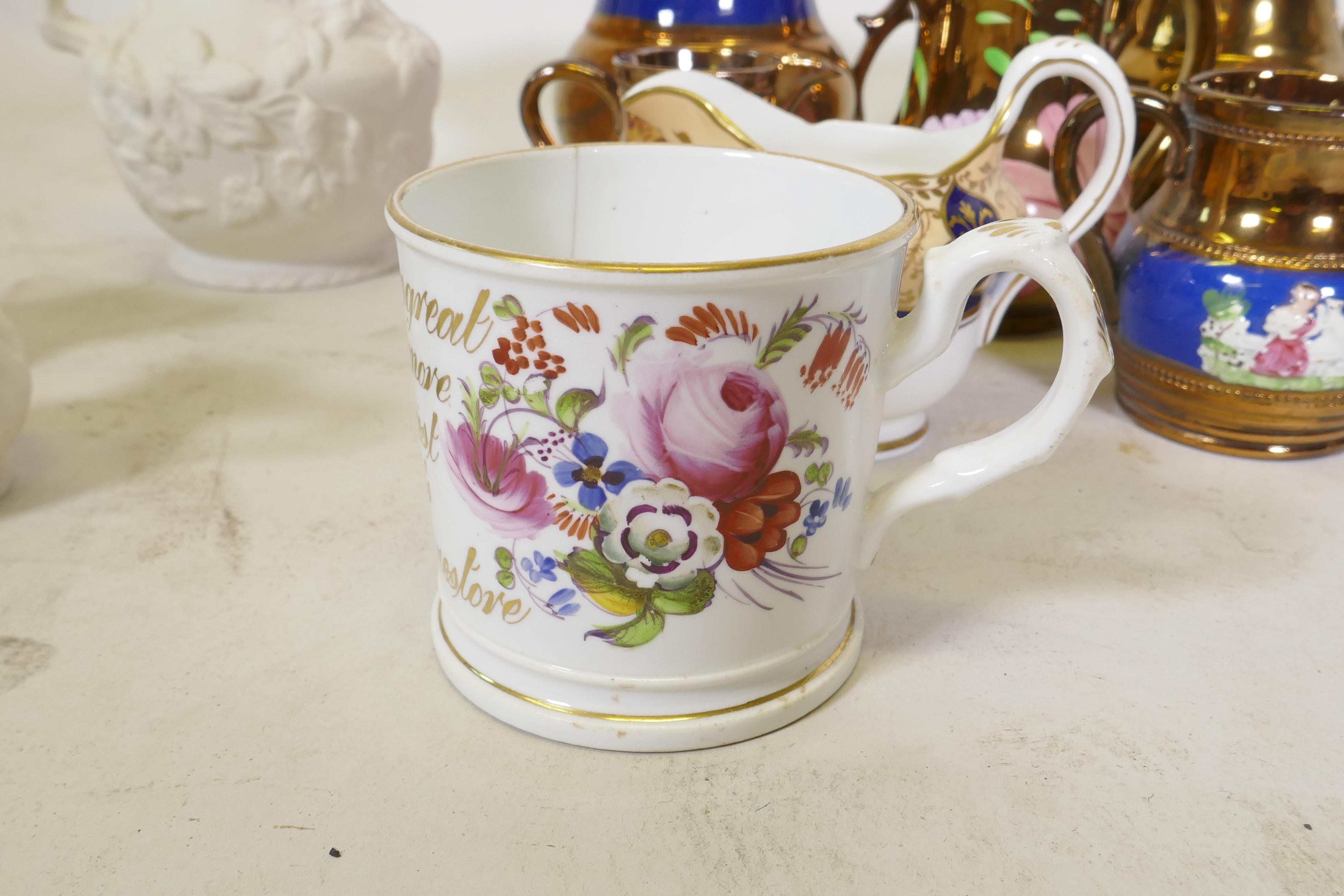 A C19th creamware mug, with hand painted floral decoration and inscription in gilt, 9cm high, and - Image 4 of 10