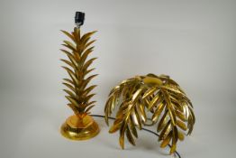 A gilt metal table lamp in the form of a palm tree, 74cm high, AF