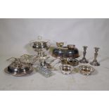 Mappin & Webb silver plated tureen and cover, pair of wine coasters, candlesticks, entree dish and