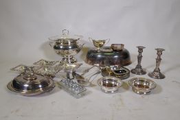 Mappin & Webb silver plated tureen and cover, pair of wine coasters, candlesticks, entree dish and