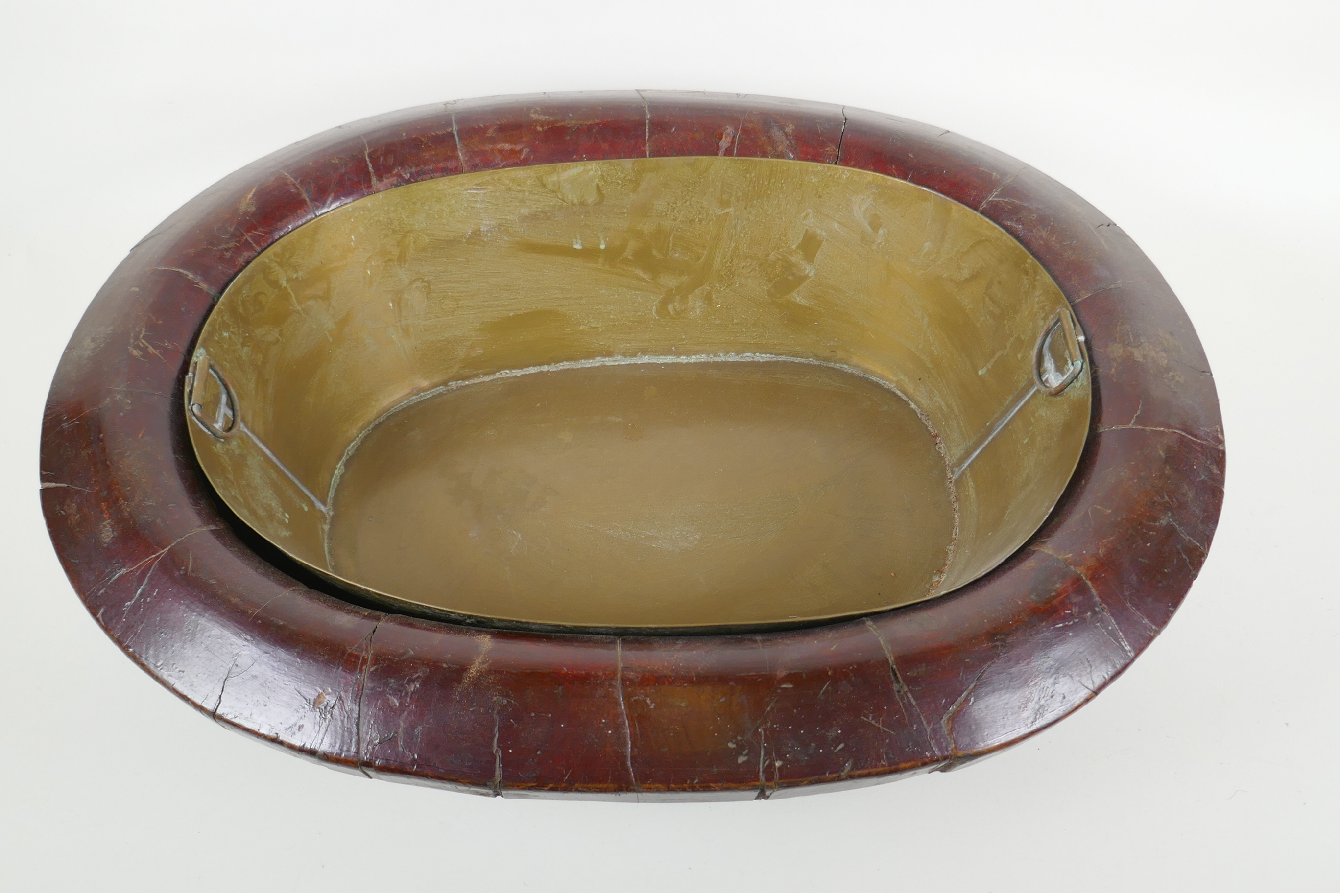 An oriental brass bound wood basin with metal liner, 51 x 40cm - Image 2 of 3