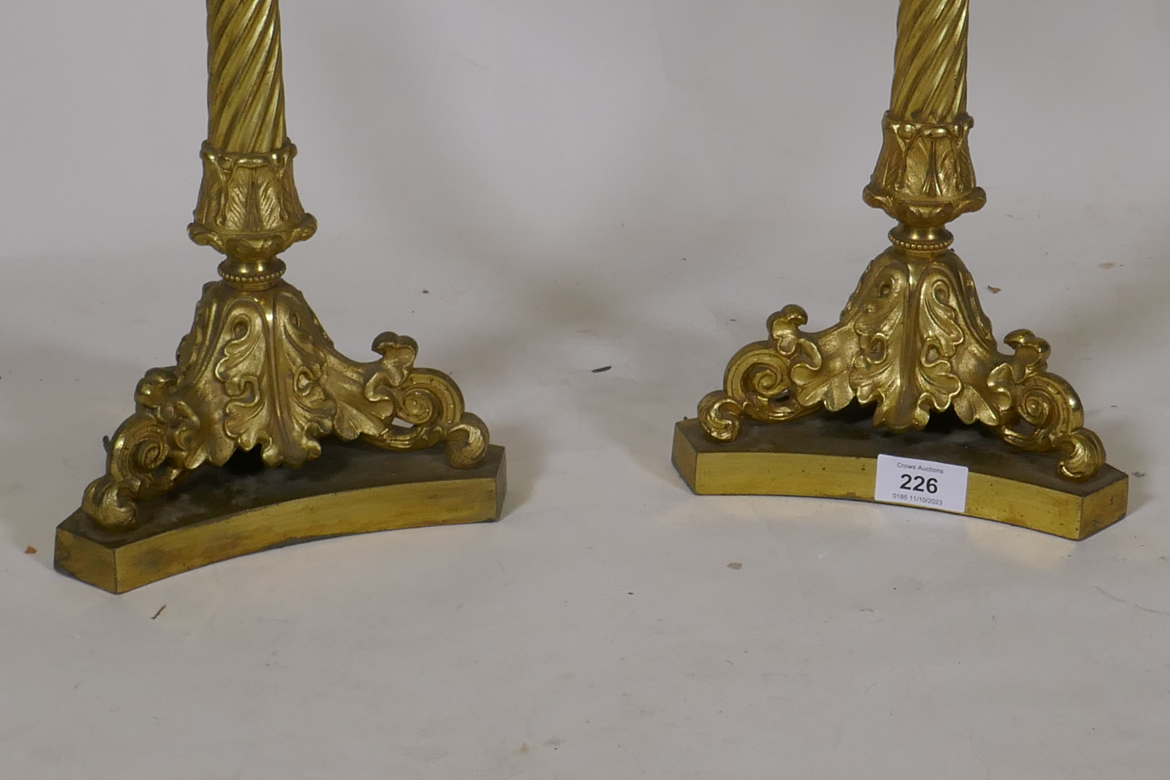 A pair of ormolu five branch candelabra table lamps with twisted columns and scroll supports, 84cm - Image 3 of 3