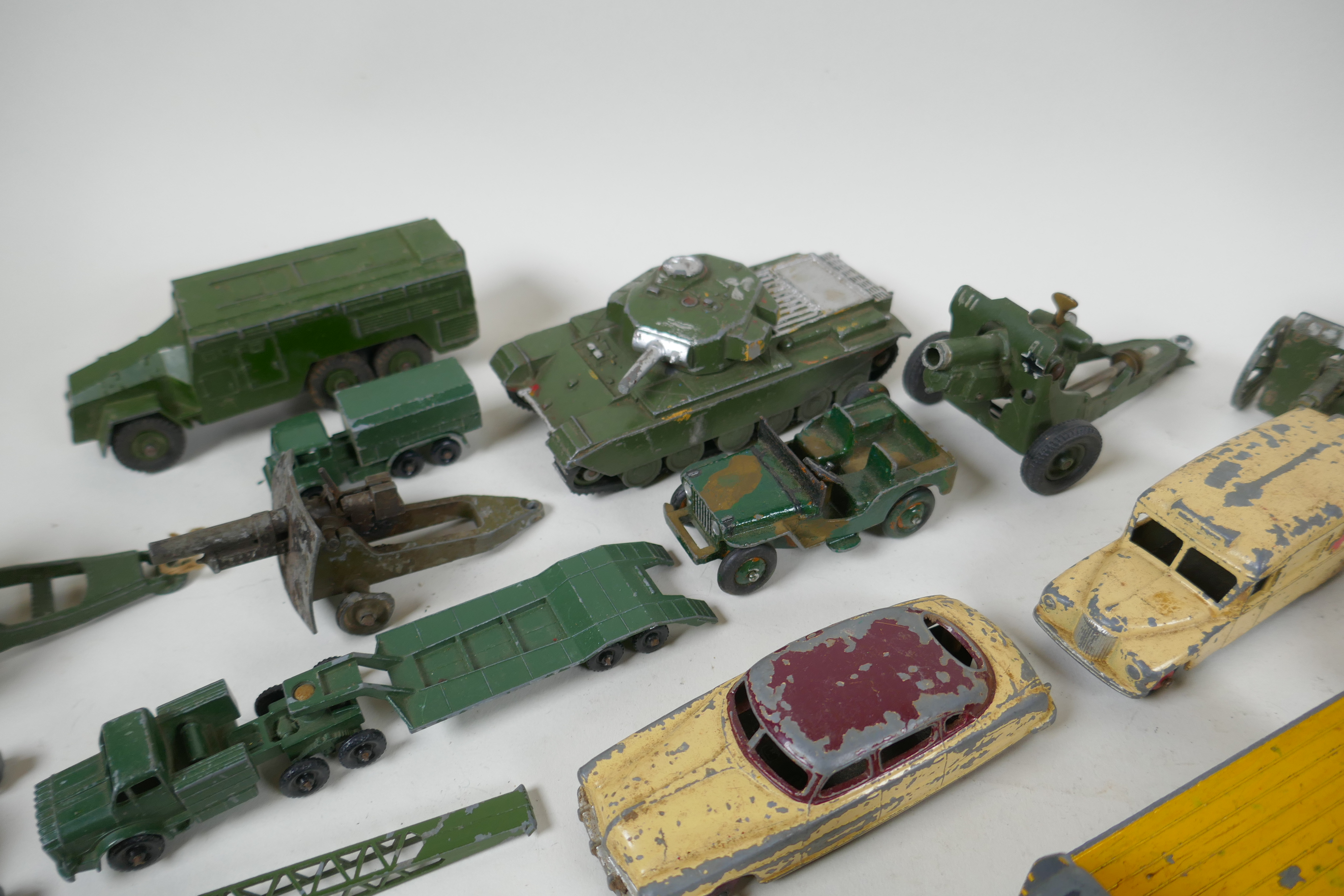 A collection of vintage die cast metal cars, trucks, military vehicles and farming vehicles, - Image 4 of 9