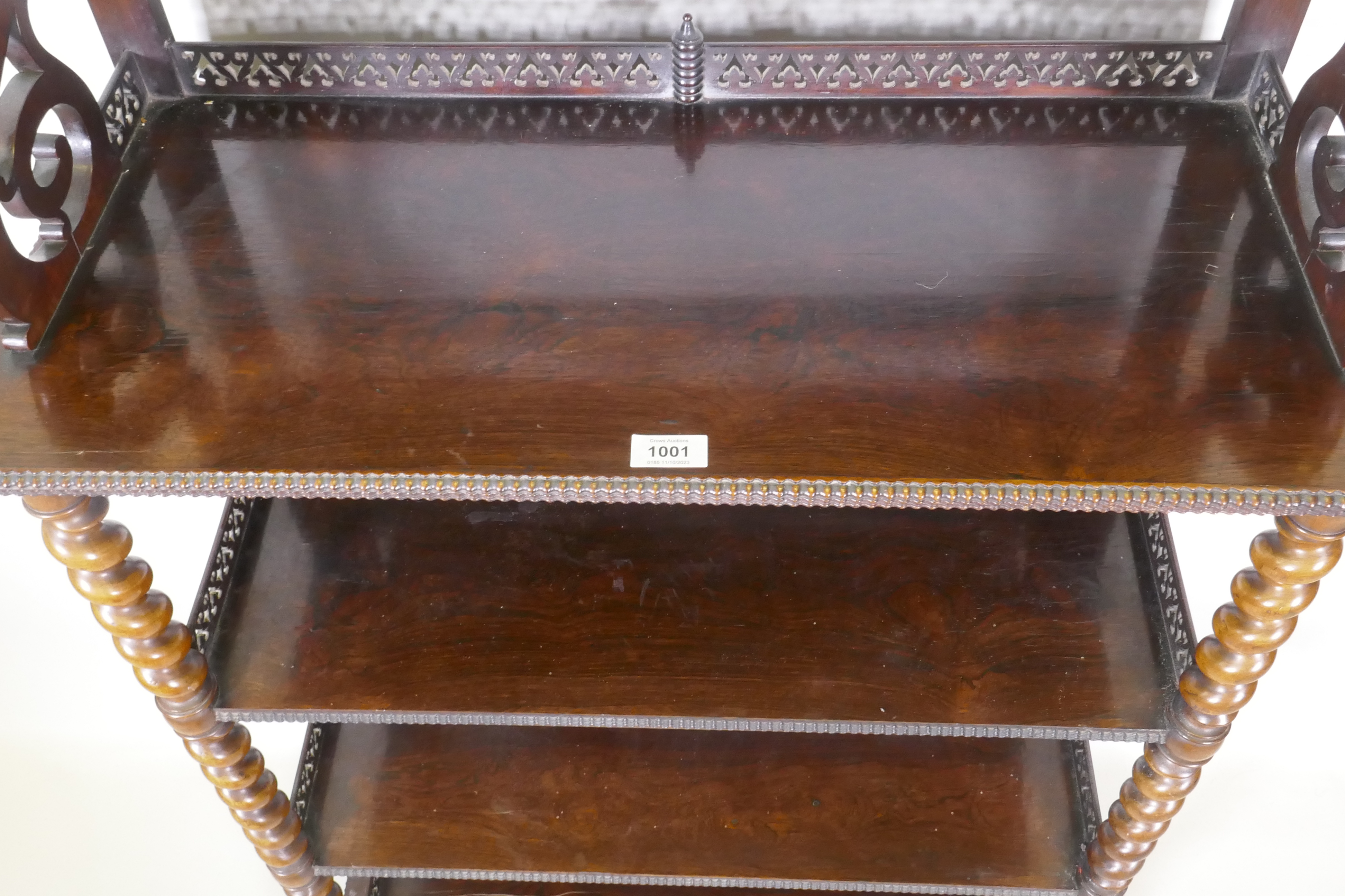 William IV? rosewood six tier etagere, with pierced and carved galleries, the shelves united by - Image 3 of 8