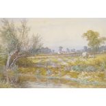 William Wilde, haymaking in a meadow by a stream, watercolour, signed and dated '67, 36 x 21cm
