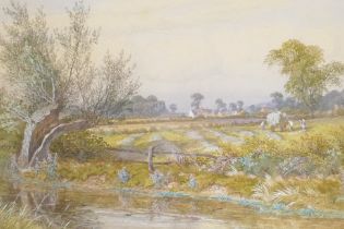 William Wilde, haymaking in a meadow by a stream, watercolour, signed and dated '67, 36 x 21cm