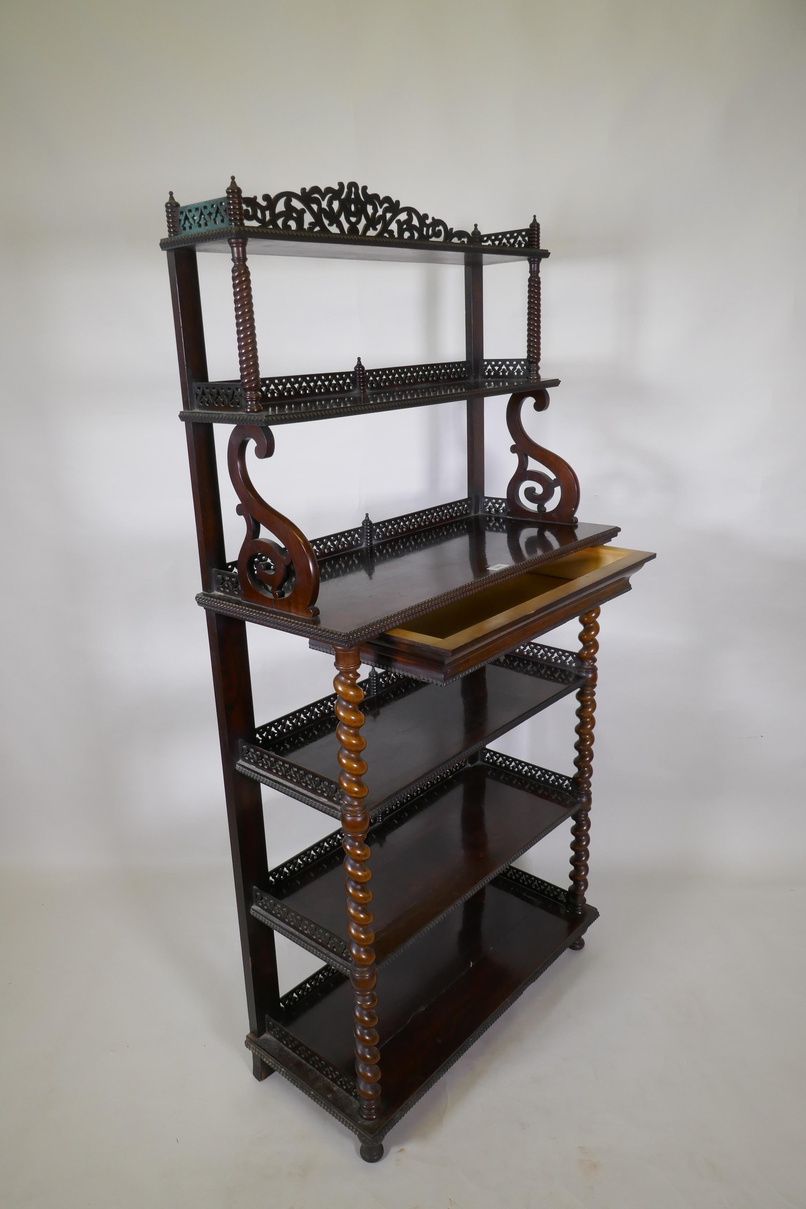 William IV? rosewood six tier etagere, with pierced and carved galleries, the shelves united by - Image 5 of 8
