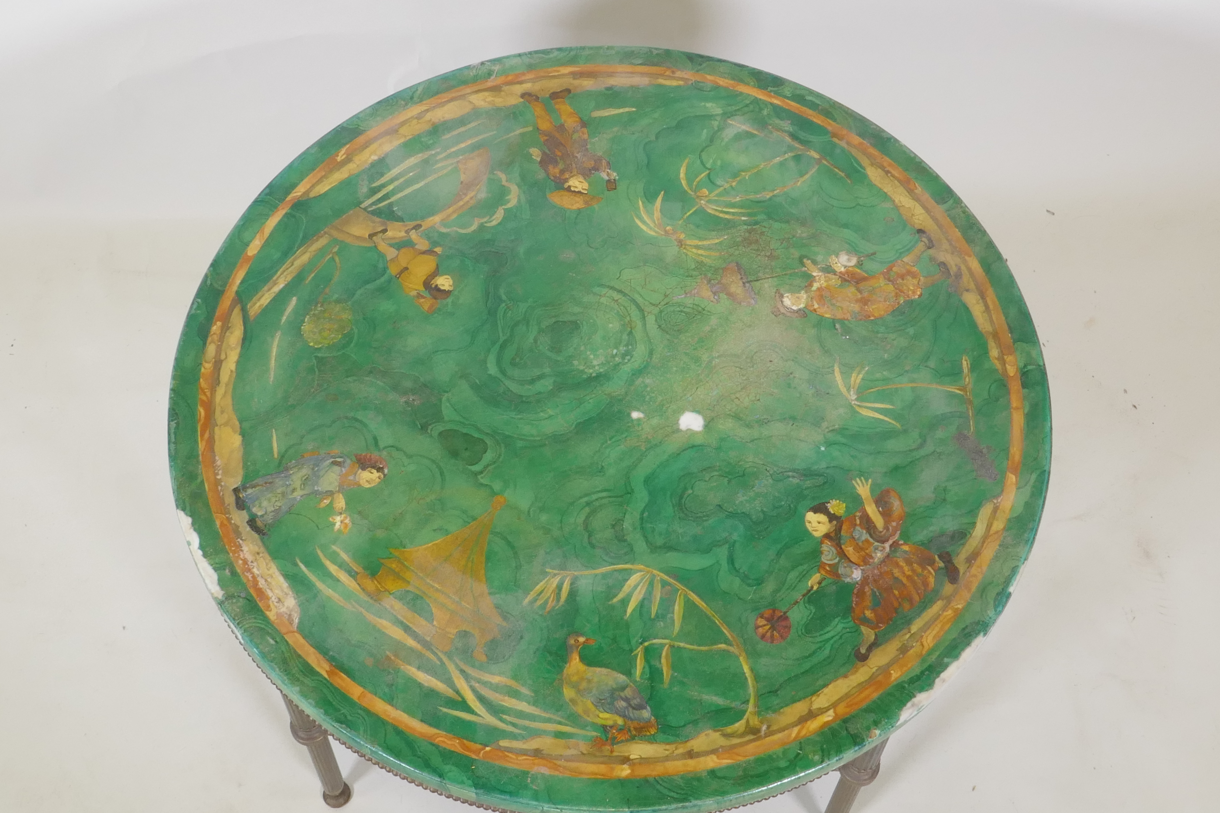 A marble top occasional table, raised on a brass base, the top with faux malachite and chinoiserie - Image 2 of 5