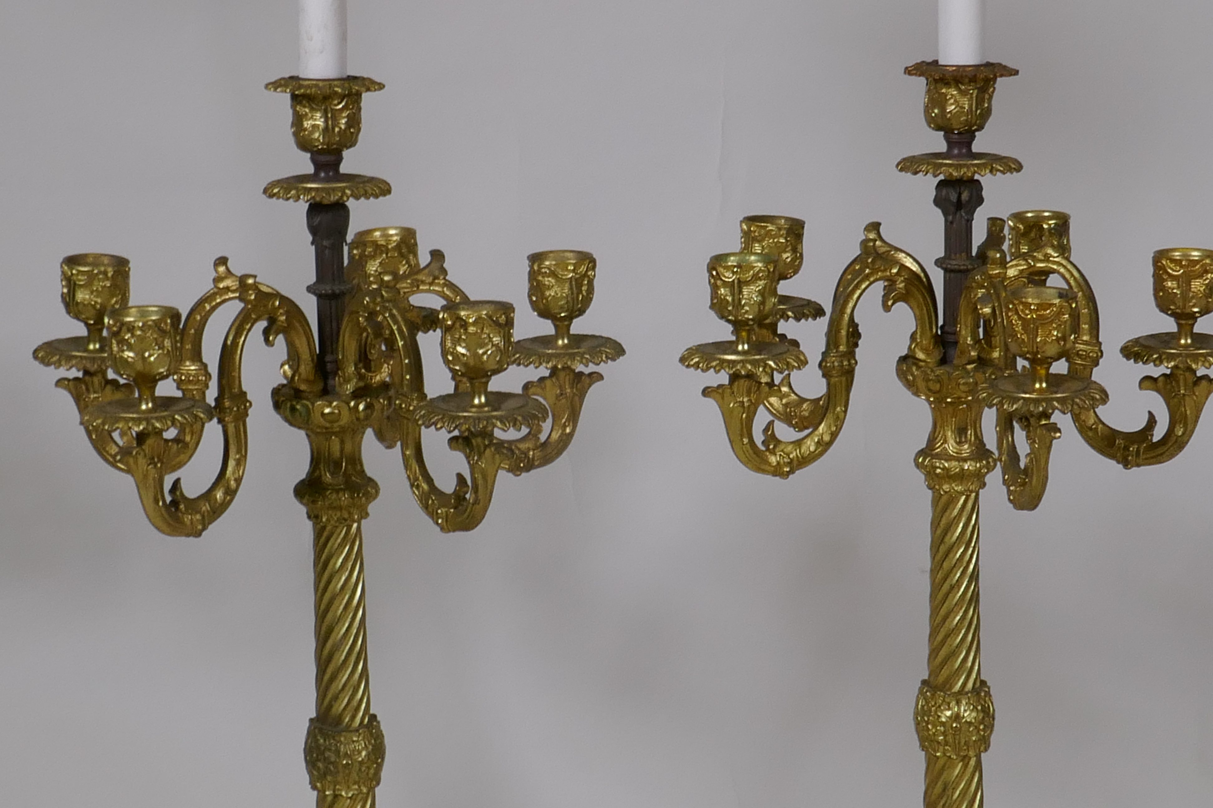 A pair of ormolu five branch candelabra table lamps with twisted columns and scroll supports, 84cm - Image 2 of 3