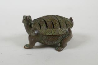 A Japanese bronze censer and cover in the form of a tortoise, 8cm long