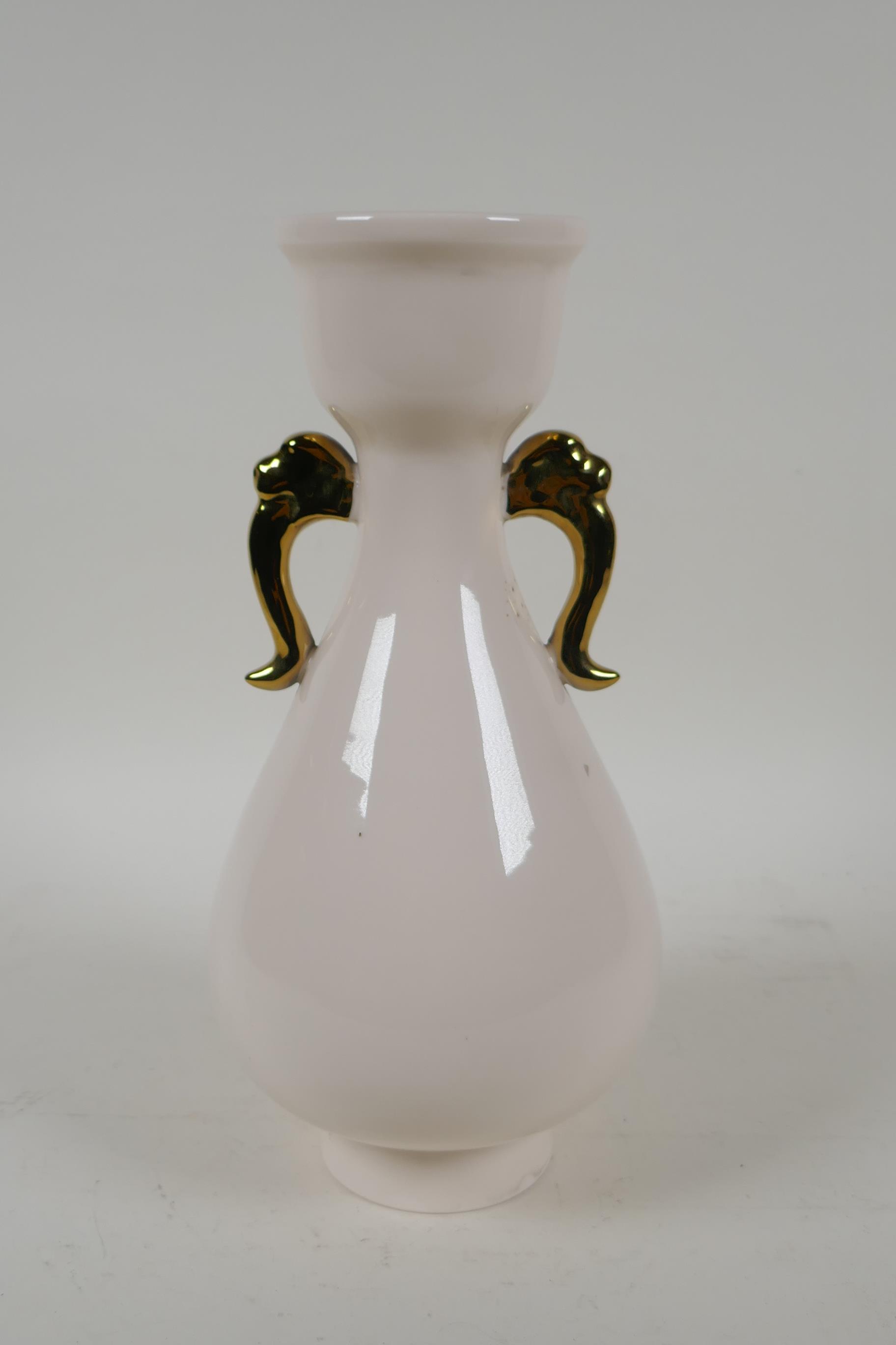 A Chinese blanc de chine porcelain two handled vase, with raised prunus blossom decoration picked - Image 3 of 6
