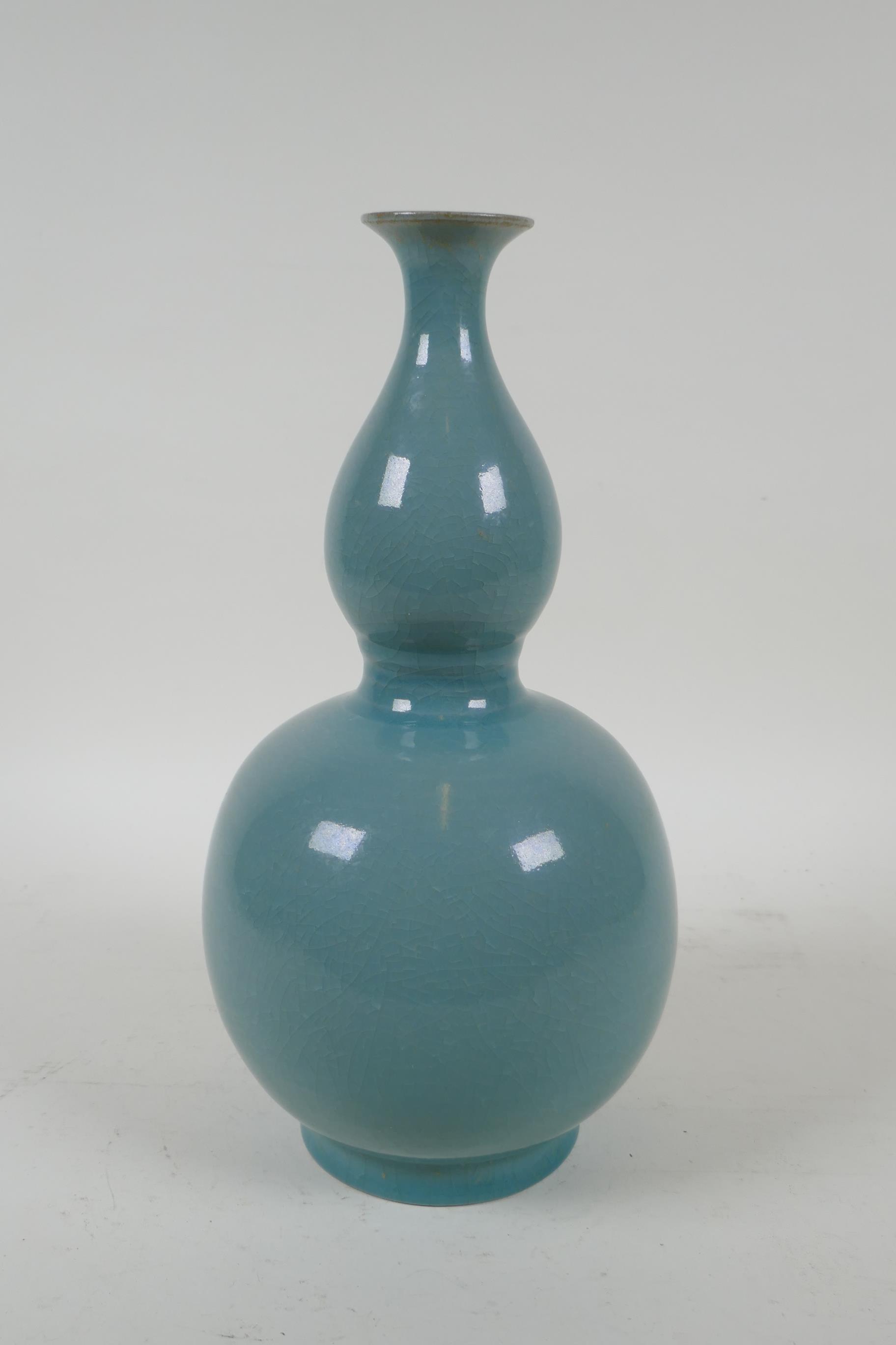 A Chinese ru ware style double gourd porcelain vase, 28cm high - Image 2 of 4