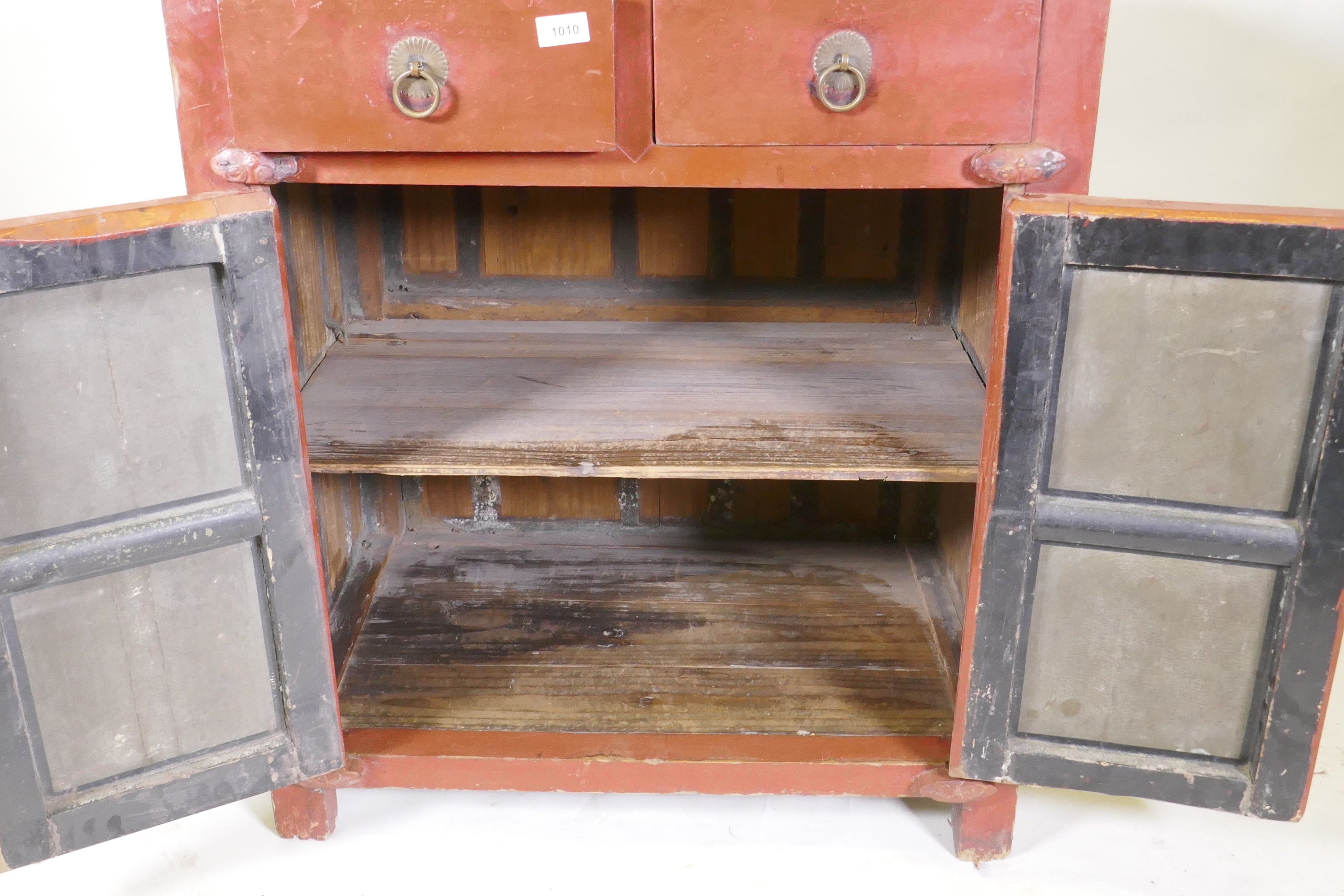 A Chinese red lacquered wood cabinet with two drawers over two doors, 74 x 50cm, 87cm high - Image 5 of 5