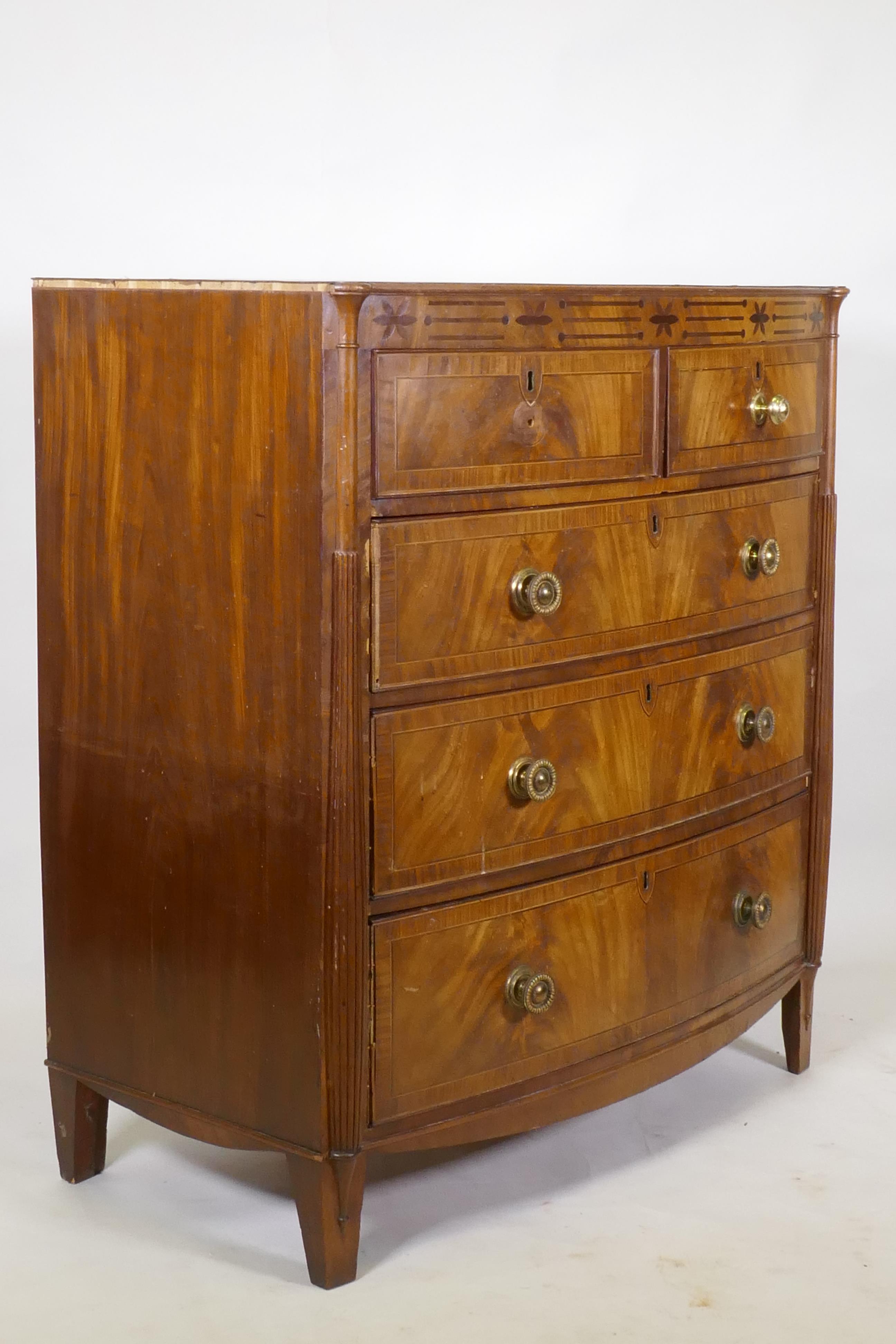 A Regency mahogany bowfront chest, with inlaid frieze and two over three drawers, flanked by - Image 5 of 6