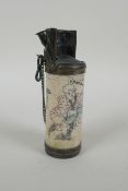 A Chinese metal mounted bone water pipe, with figural decoration to side, 11cm high
