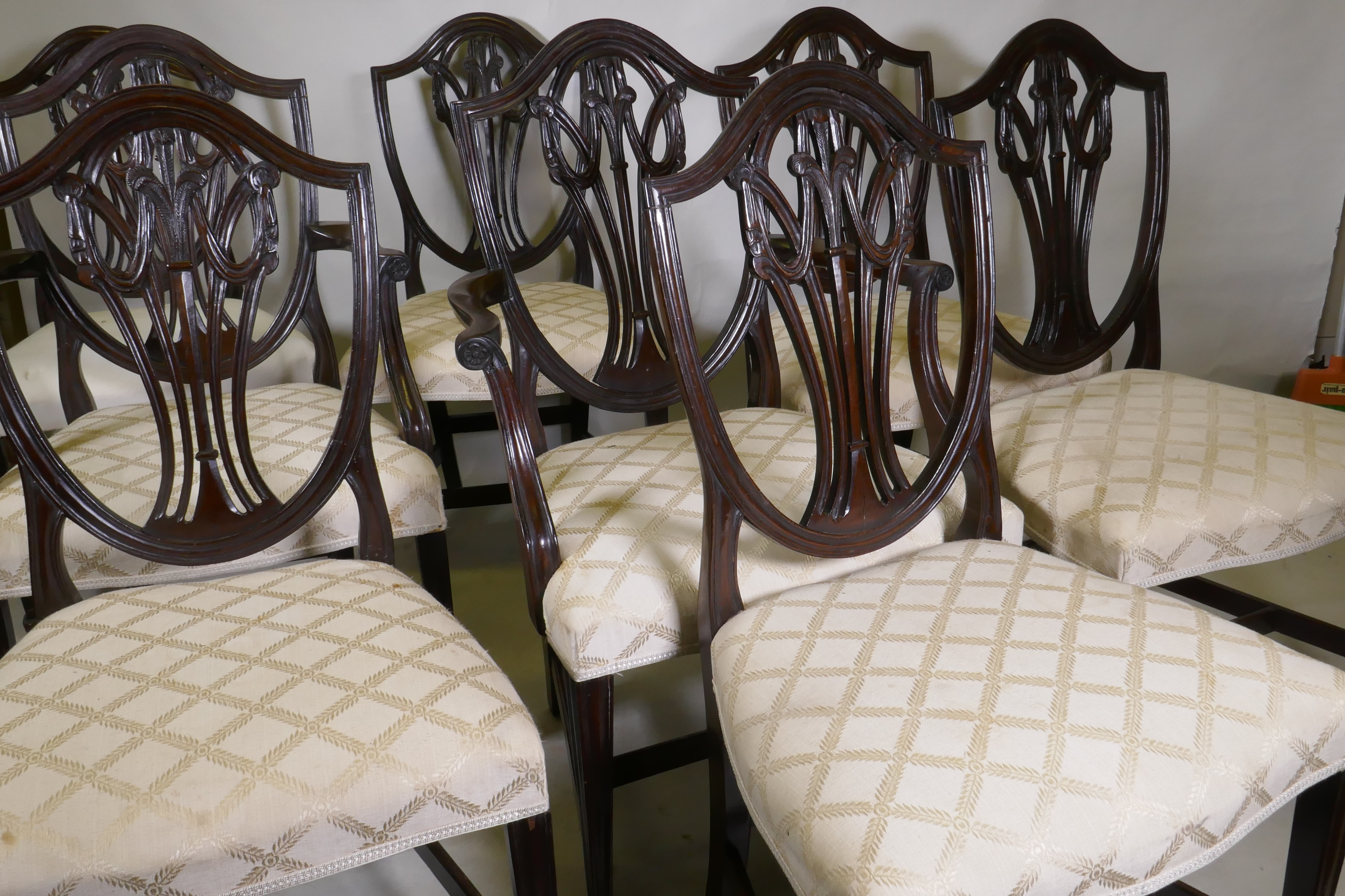 A set of eight (six plus two) Hepplewhite style shield back chairs, with over stuffed serpentine - Image 3 of 4