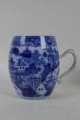A late C18th/early C19th Chinese export ceramic tankard with blue and white decoration