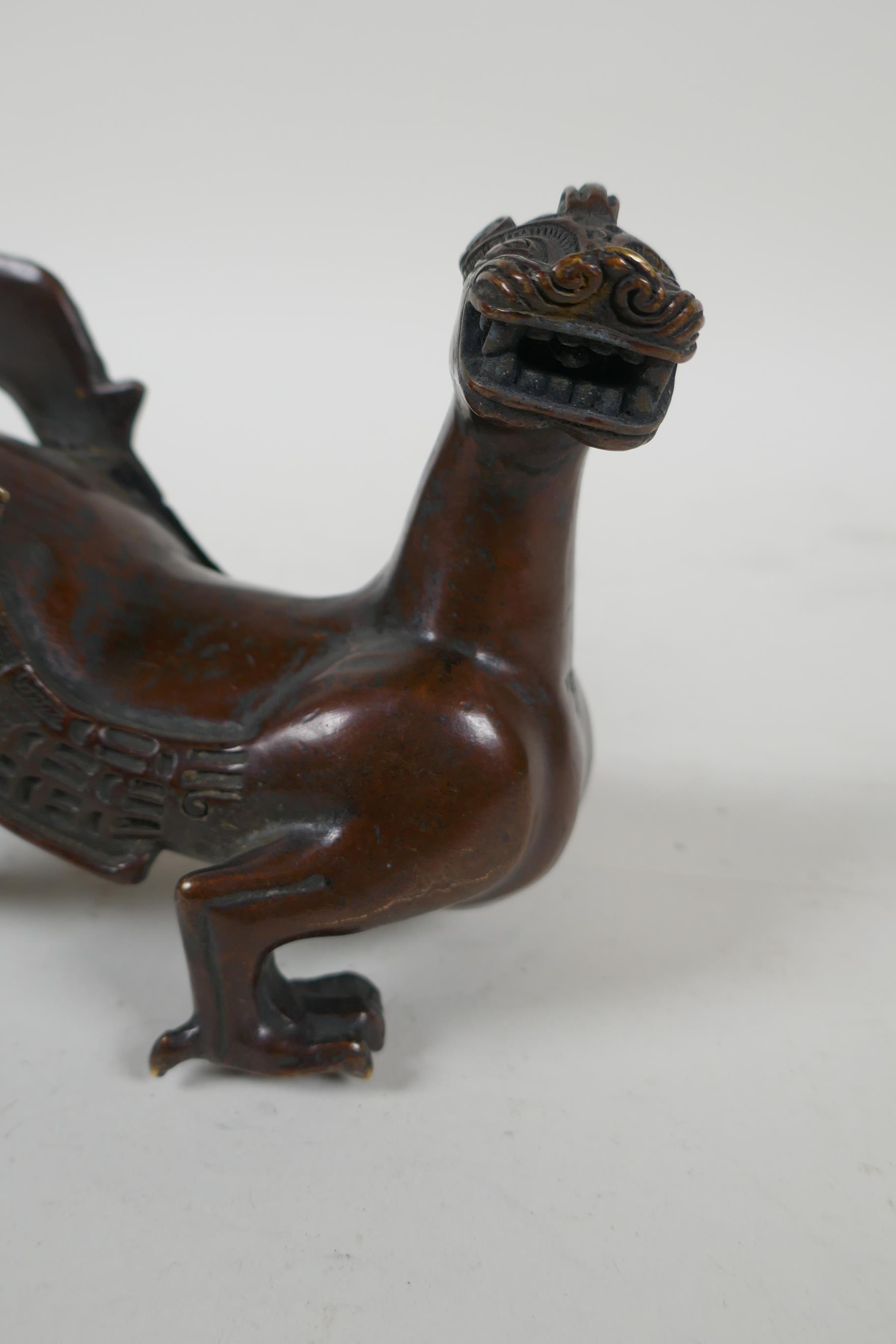 A Japanese filled bronze stylised dragon, 21cm long, indistinct 6 character mark to base - Image 2 of 5