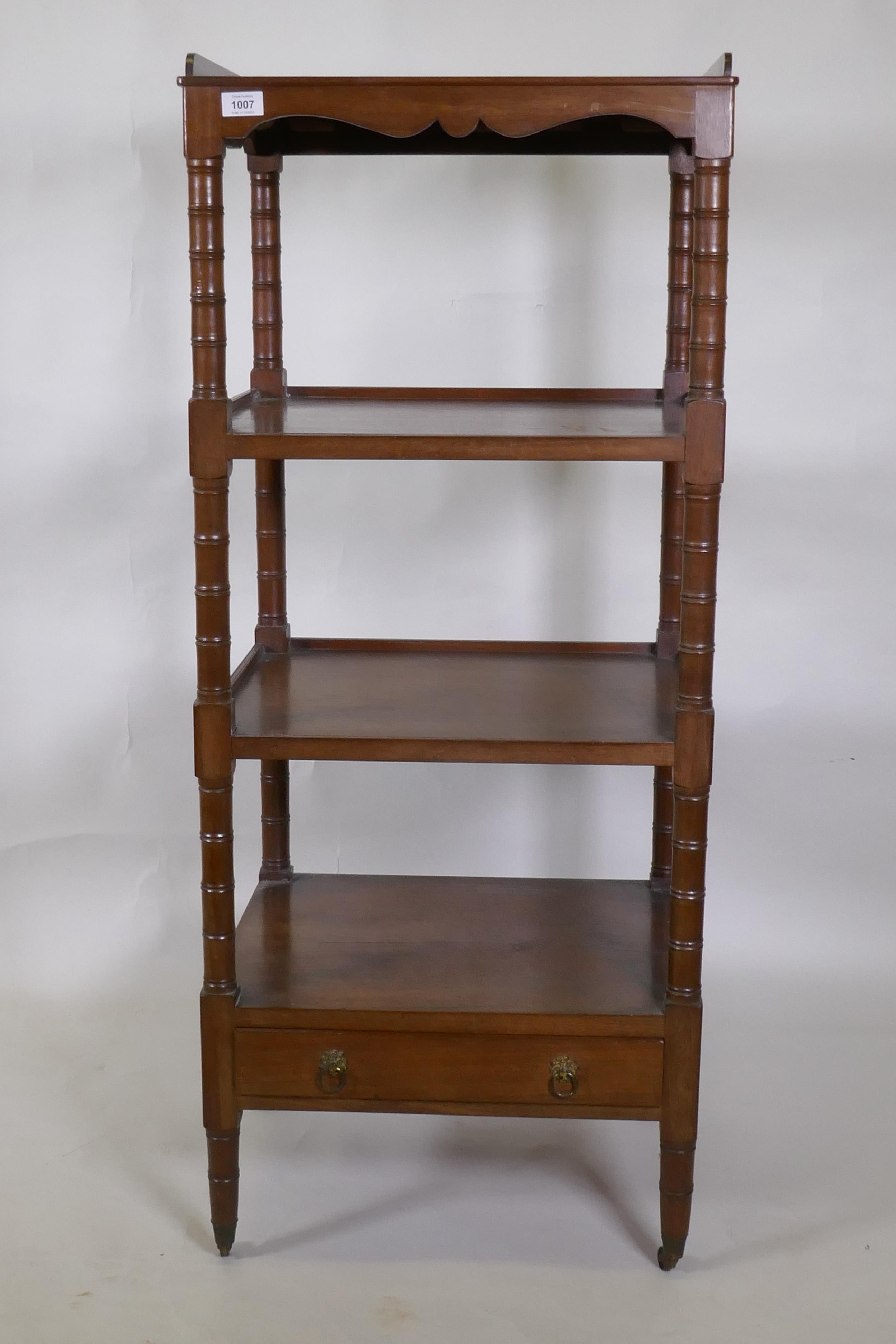 A Regency mahogany four tier etagere, with three quarter galleried top and shaped frieze, the - Image 2 of 4
