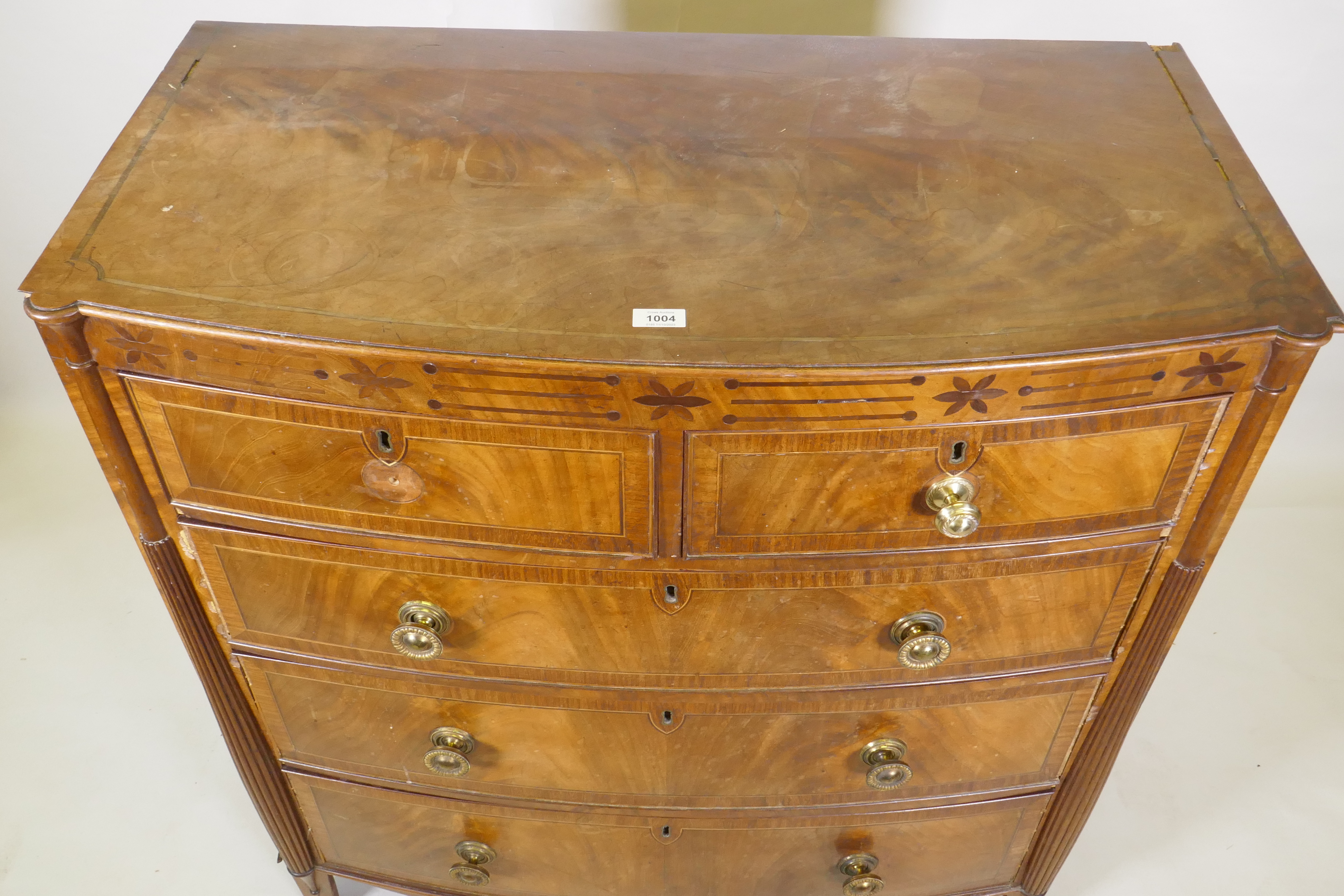 A Regency mahogany bowfront chest, with inlaid frieze and two over three drawers, flanked by - Image 4 of 6