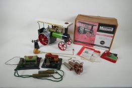 A Mamod T.E.1 traction engine, boxed, an E.S.L. 4 volt battery and matching 4 volt motor, 25cm long
