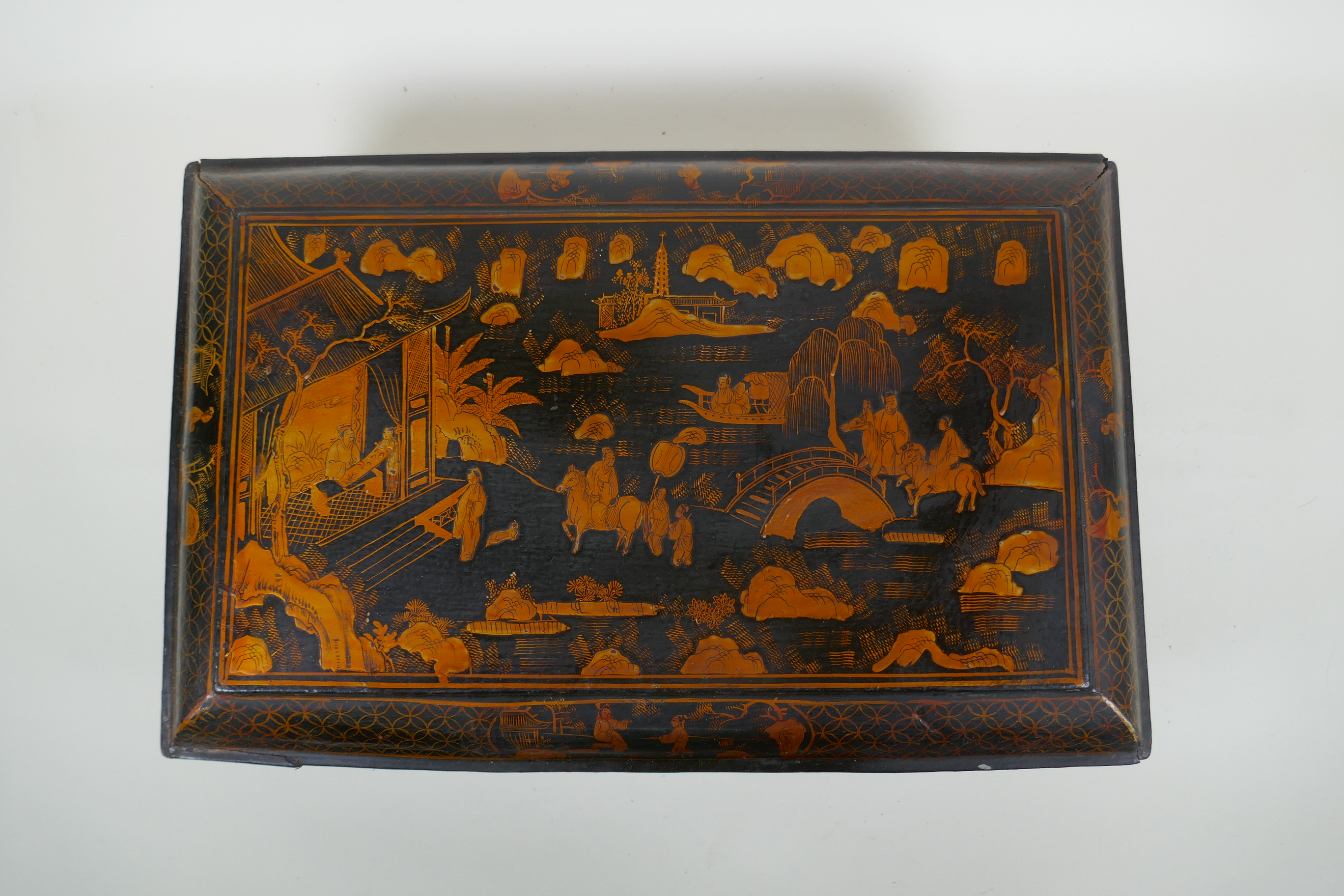 A Chinoiserie black lacquer box and cover decorated with figures in a landscape, 47 x 30cm - Image 2 of 6