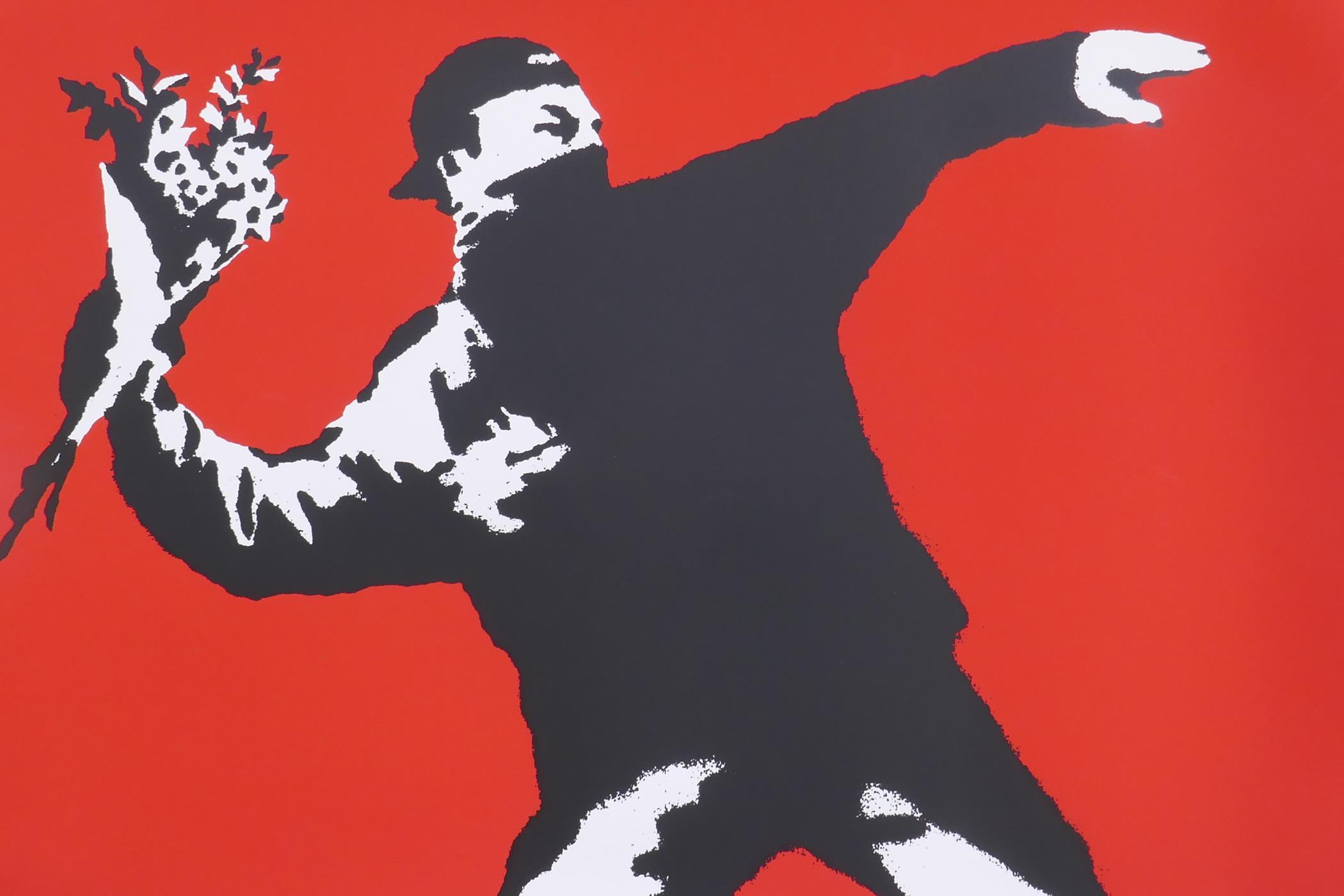 After Banksy, Love is in the Air (Flower Thrower), limited edition copy screen print No. 420/500, by